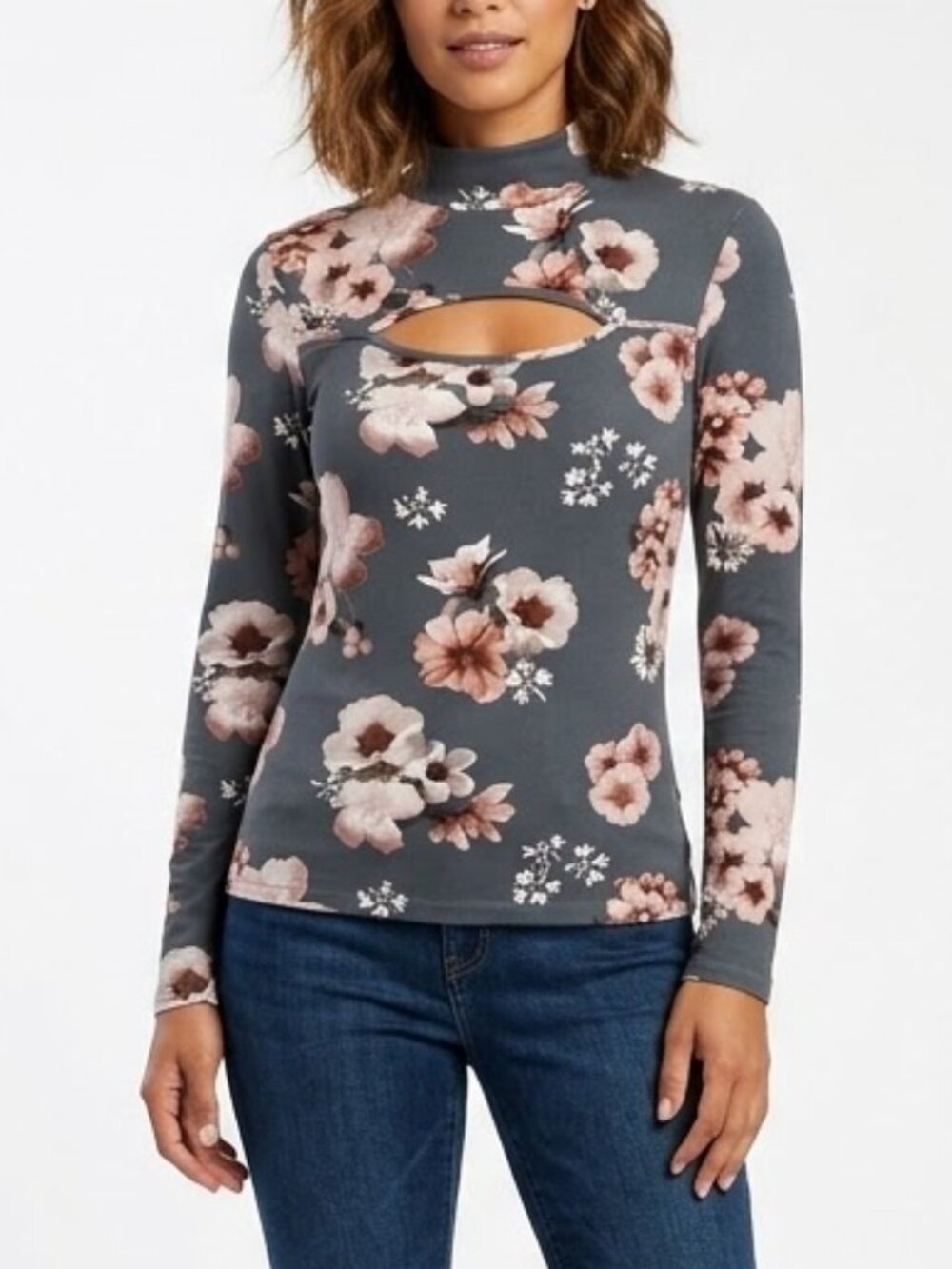 J For Justify Goth Grunge Floral Chest Cutout Mock Neck Top L
